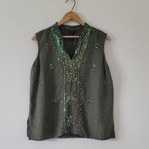 Anne Carson Green Embroidered Sequin Silk Blend Sleeveless Top Size 1X